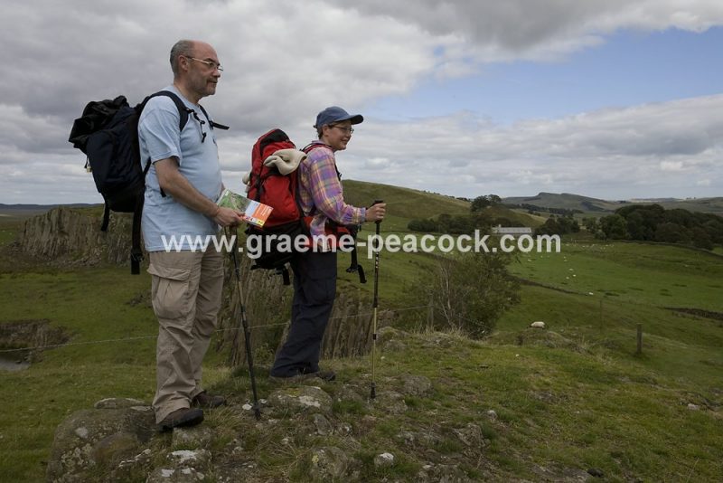 Walkers near Hadrian's Wall at Walltown Crags, near Greenhead