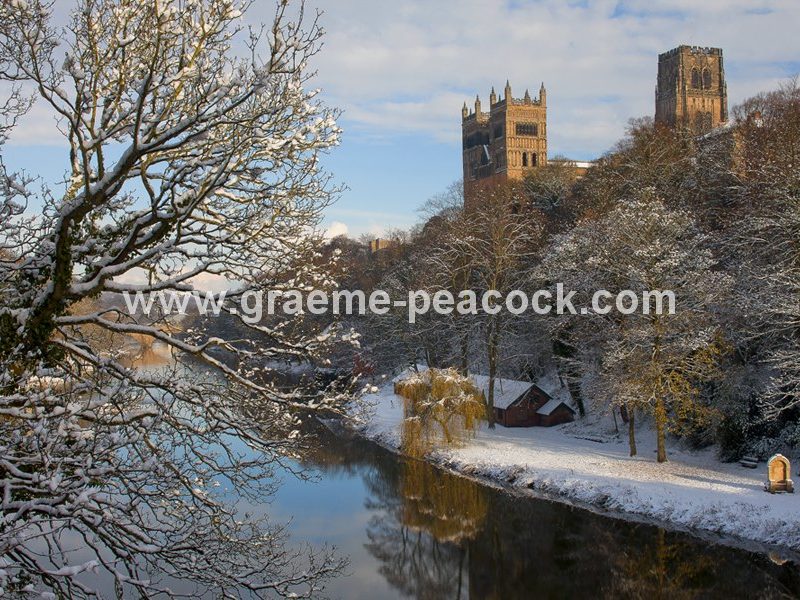 Winter scene at Durham Cathedral and Fulling Mill, Durham City, County Durham