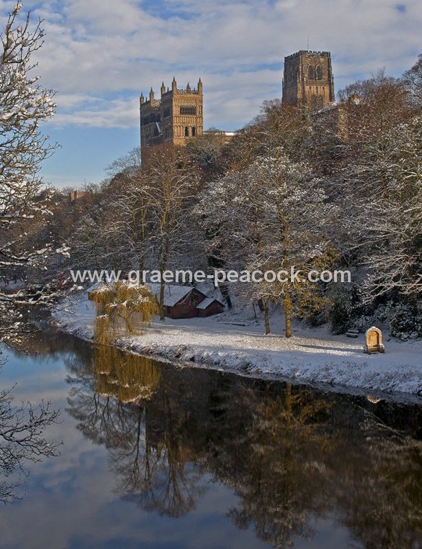 Winter scene at Durham Cathedral and Fulling Mill, Durham City, County Durham