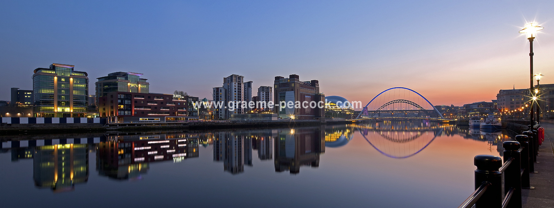 Panoramic view of Newcastle Gateshead quayside at night, Newcastle upon Tyne, Tyne and Wear