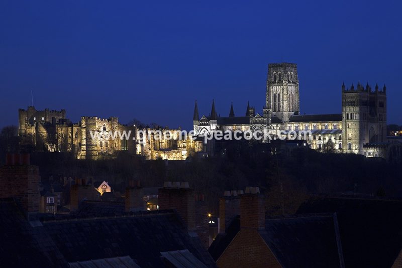 Durham Cathedral and Castle floodlit at night, Durham City, County Durham
