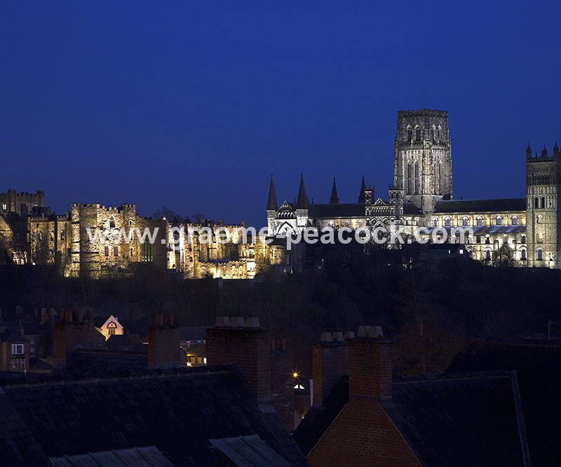 Durham Cathedral and Castle floodlit at night, Durham City, County Durham