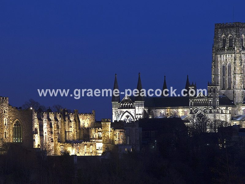 Durham Cathedral and Castle floodlit at night, Durham City, County Durham