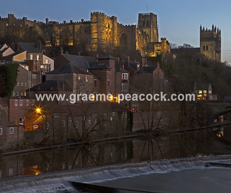Durham Cathedral and Castle floodlit at night, Durham City, County Durham