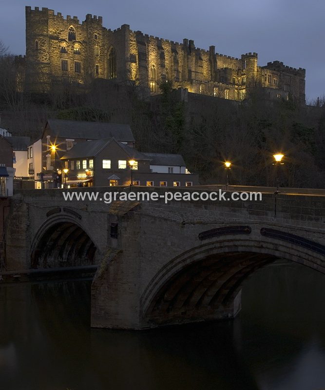 Durham Cathedral and Castle floodlit at night, Durham City, County Durham