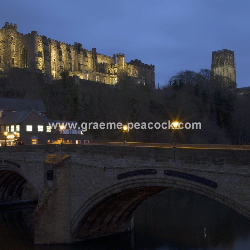Durham Cathedral and Castle floodlit at night, Durham City, County Durham