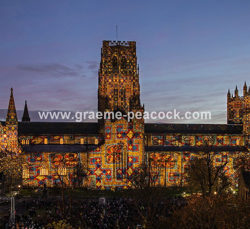 Durham Cathedral illuminated during Lumiere 2013, Durham City, County Durham