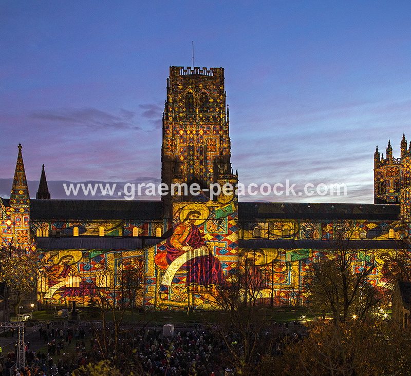 Durham Cathedral illuminated during Lumiere 2013, Durham City, County Durham