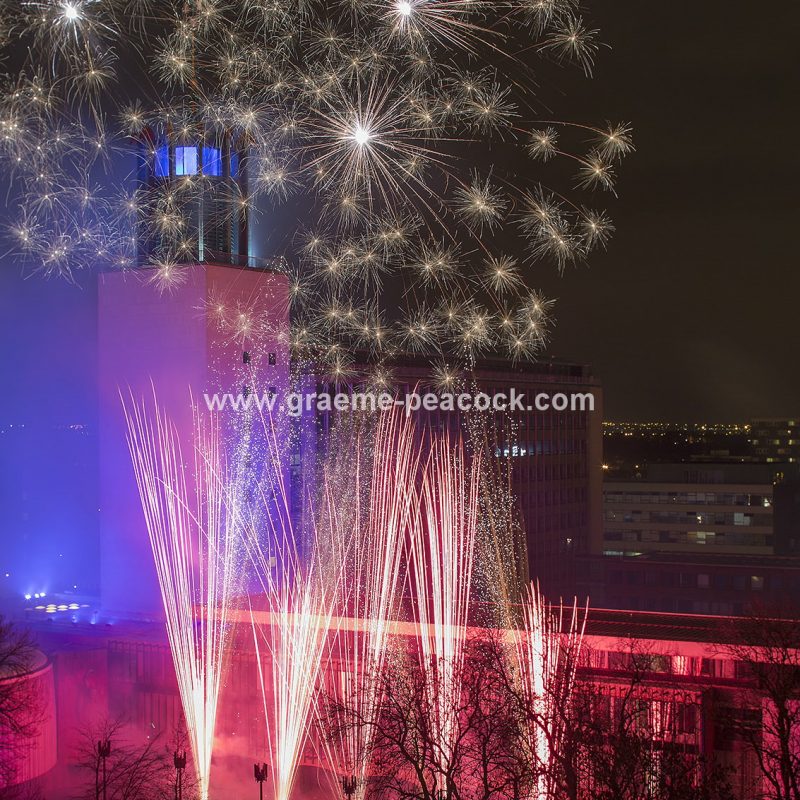 New Year Eve fireworks above the Civic Centre, Newcastle upon Tyne, Tyne & Wear