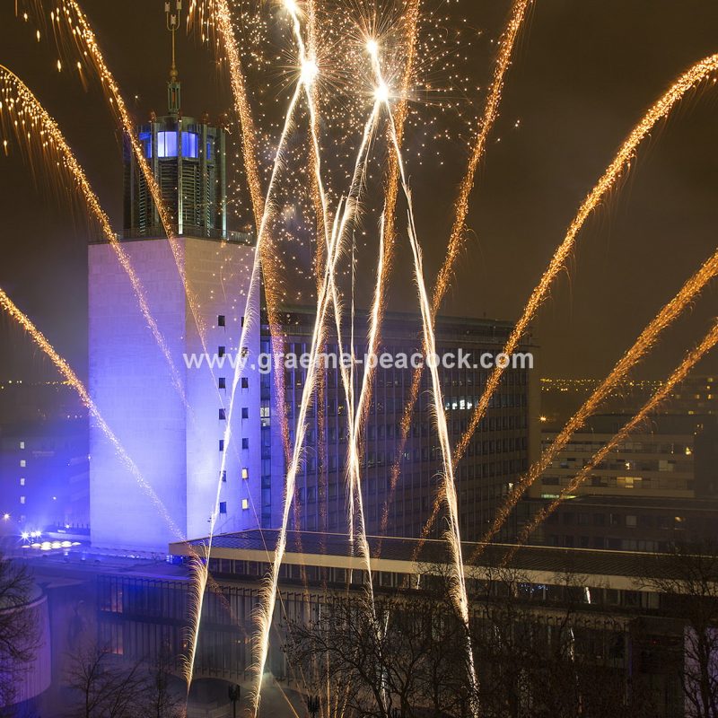New Year Eve fireworks above the Civic Centre, Newcastle upon Tyne, Tyne & Wear