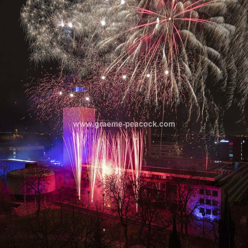 New Year Eve fireworks above the Civic Centre, Newcastle upon Tyne, Tyne & Wear