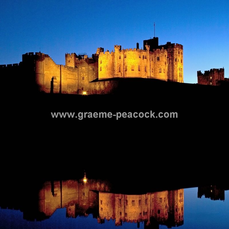 Alnwick Castle at dusk, Alnwick, Northumberland