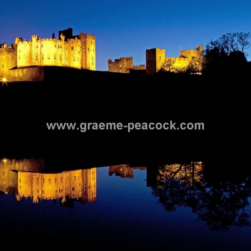 Alnwick Castle at dusk, Alnwick, Northumberland