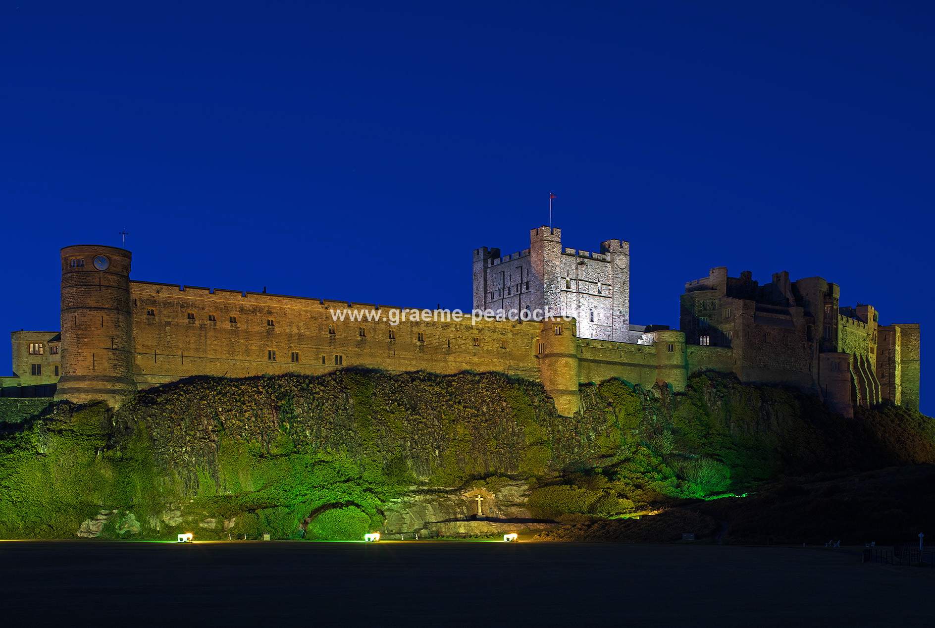 Bamburgh Castle at dusk, Bamburgh, Northumberland