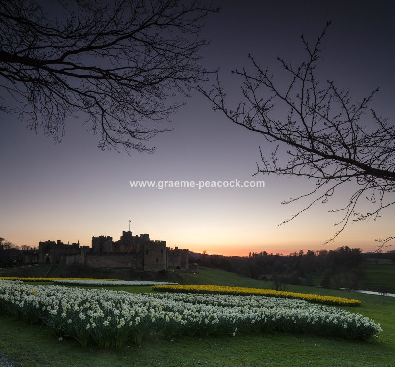 Alnwick Castle at dusk in Spring, Alnwick, Northumberland
