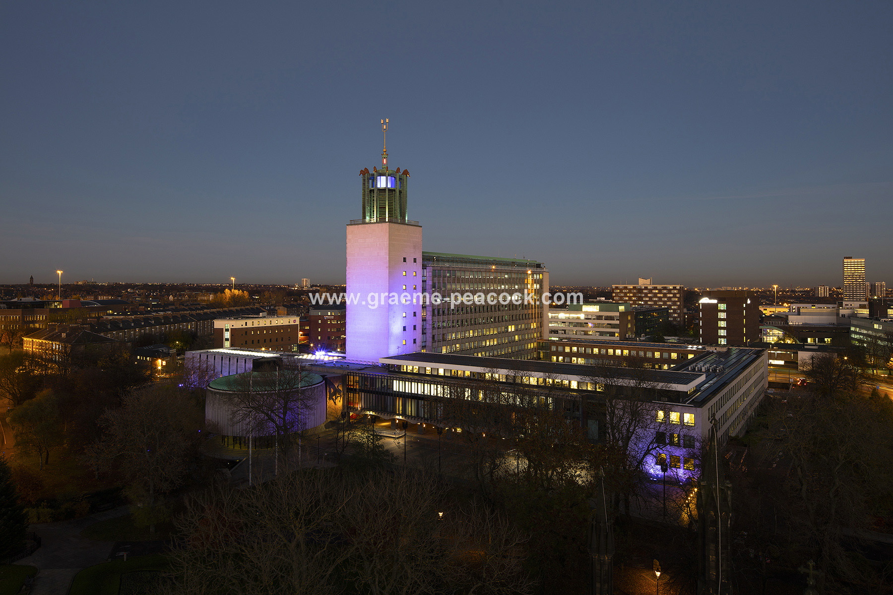 Newcastle Civic Centre at dusk, Newcastle upon Tyne, Tyne and Wear