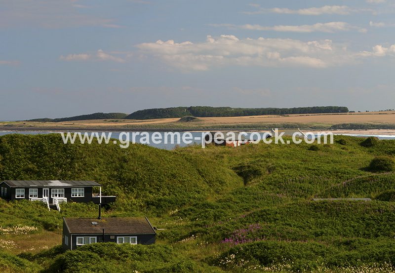 Beach bungalows on Embleton Links overlooking Dunstanburgh Castle near Embleton, Northumberland