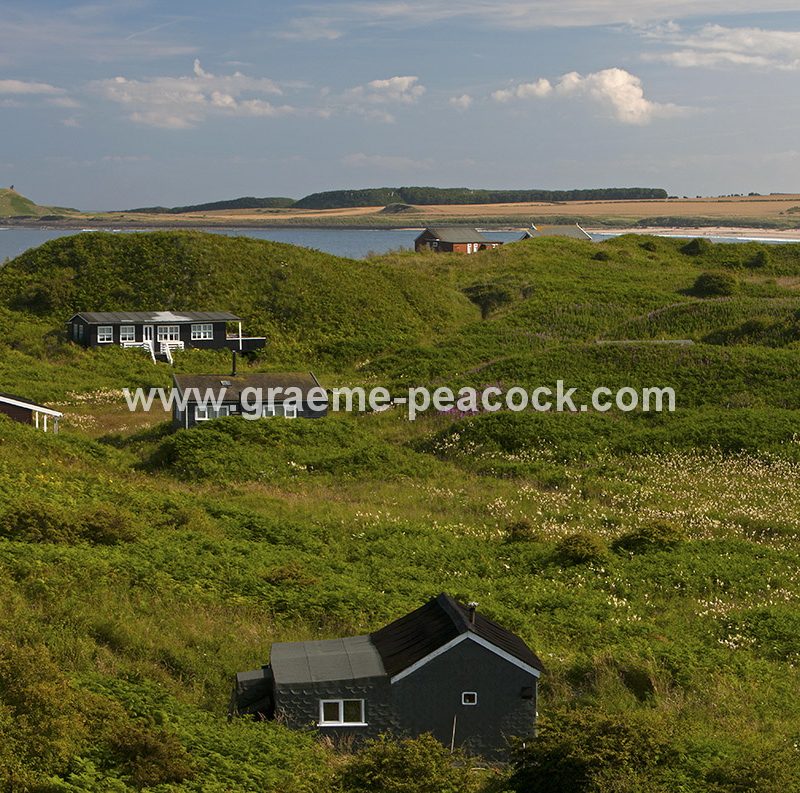 Beach bungalows on Embleton Links overlooking Dunstanburgh Castle near Embleton, Northumberland