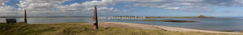 Panoramic view of Lindisfarne from Guile Point on Ross Back Sands near Bamburgh, Northumberland