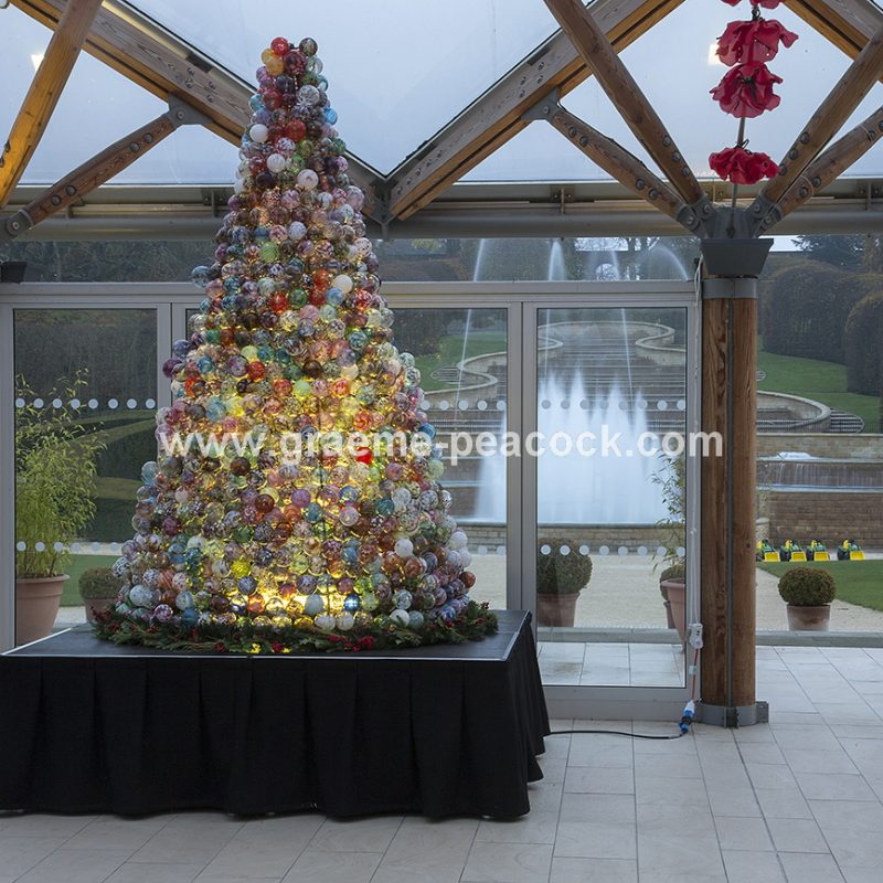 The Christmas glass bauble tree at The Alnwick Garden, Alnwick, Northumberland