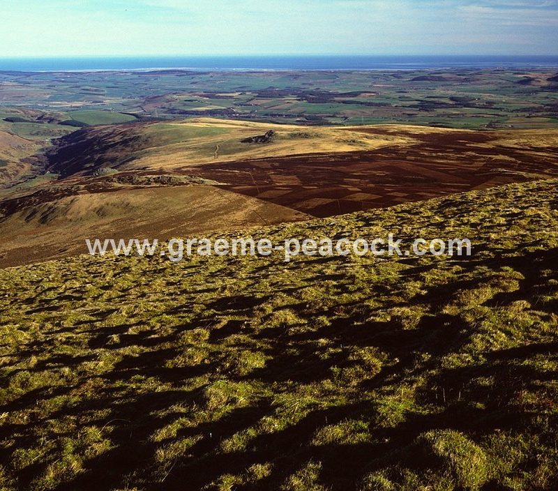 Bamburgh Castle and Lindisfarne from Hedgehope Hill near Wooler, Cheviot Hills, Northumberland, NNPA