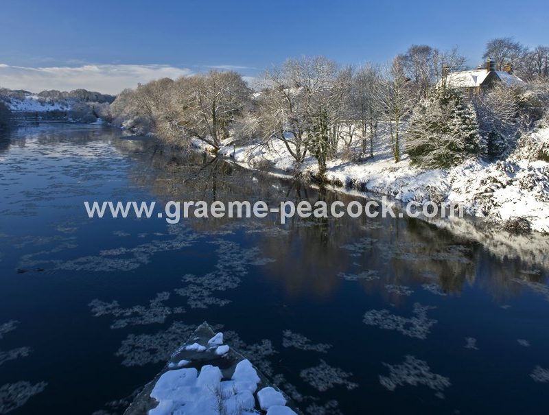 Wylam village and River Tyne in winter , Northumberland