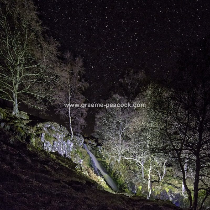 Linhope Spout waterfall at night near Ingram, Northumberland National Park, Northumberland