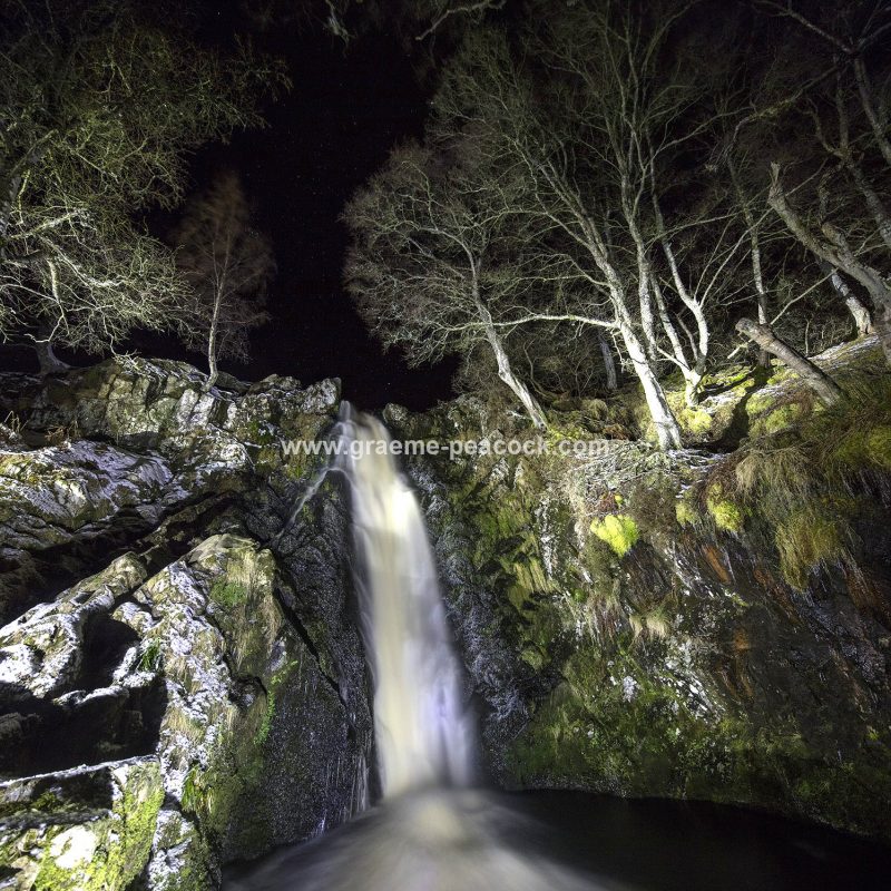 Linhope Spout waterfall at night near Ingram, Northumberland National Park, Northumberland