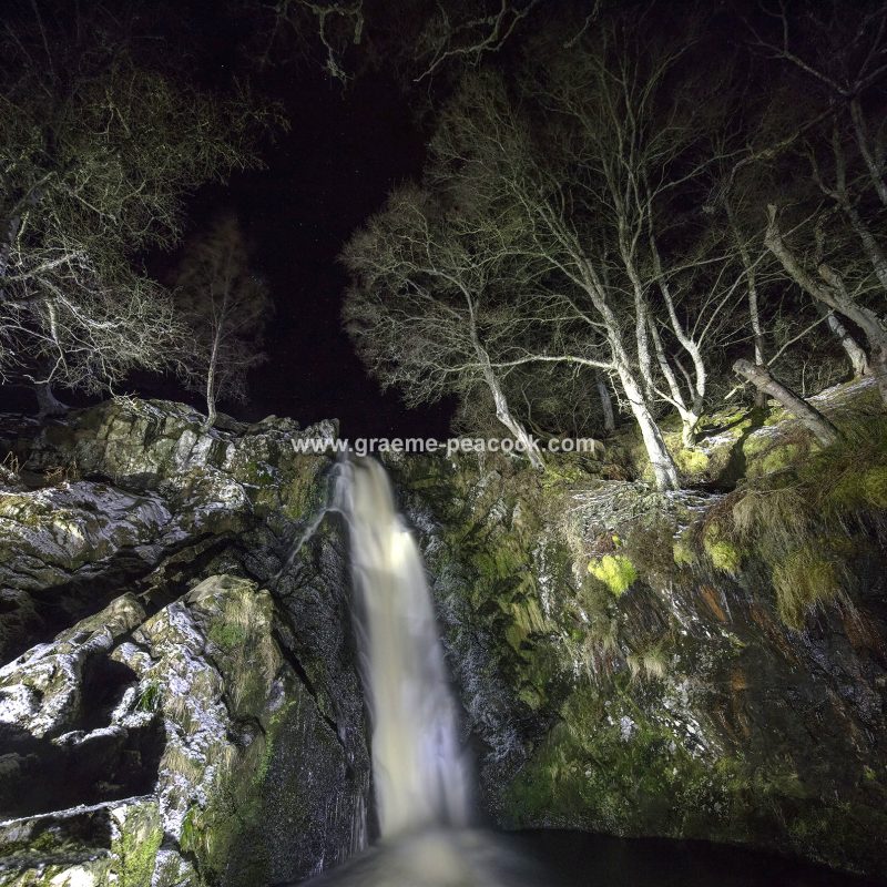 Linhope Spout waterfall at night near Ingram, Northumberland National Park, Northumberland