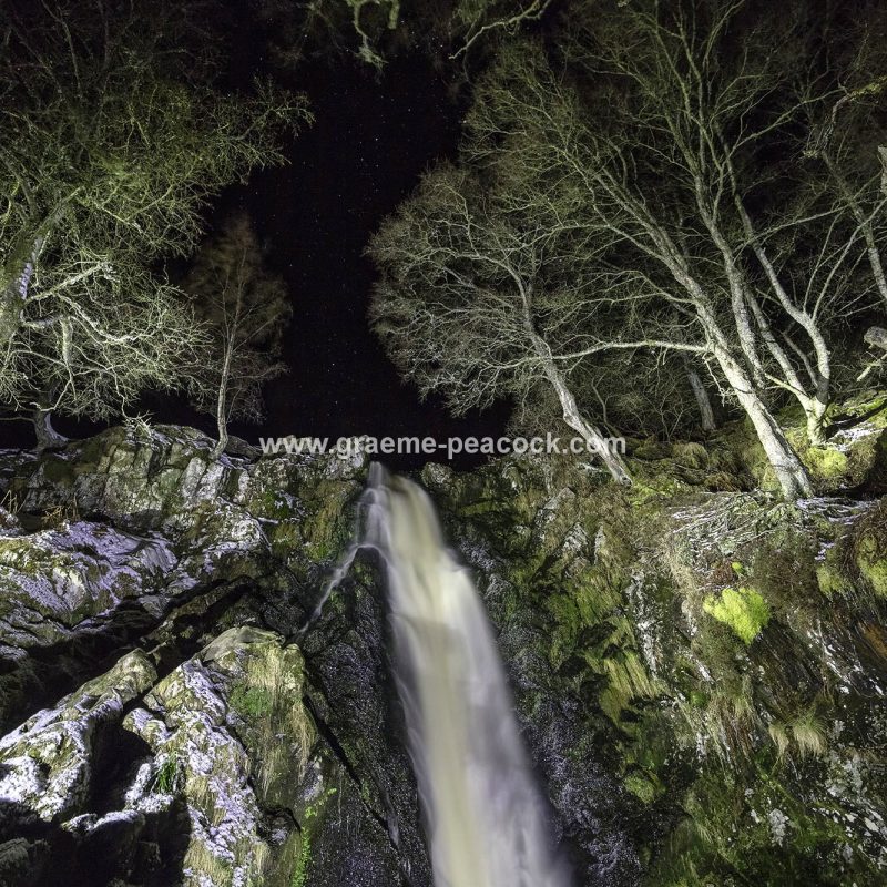Linhope Spout waterfall at night near Ingram, Northumberland National Park, Northumberland