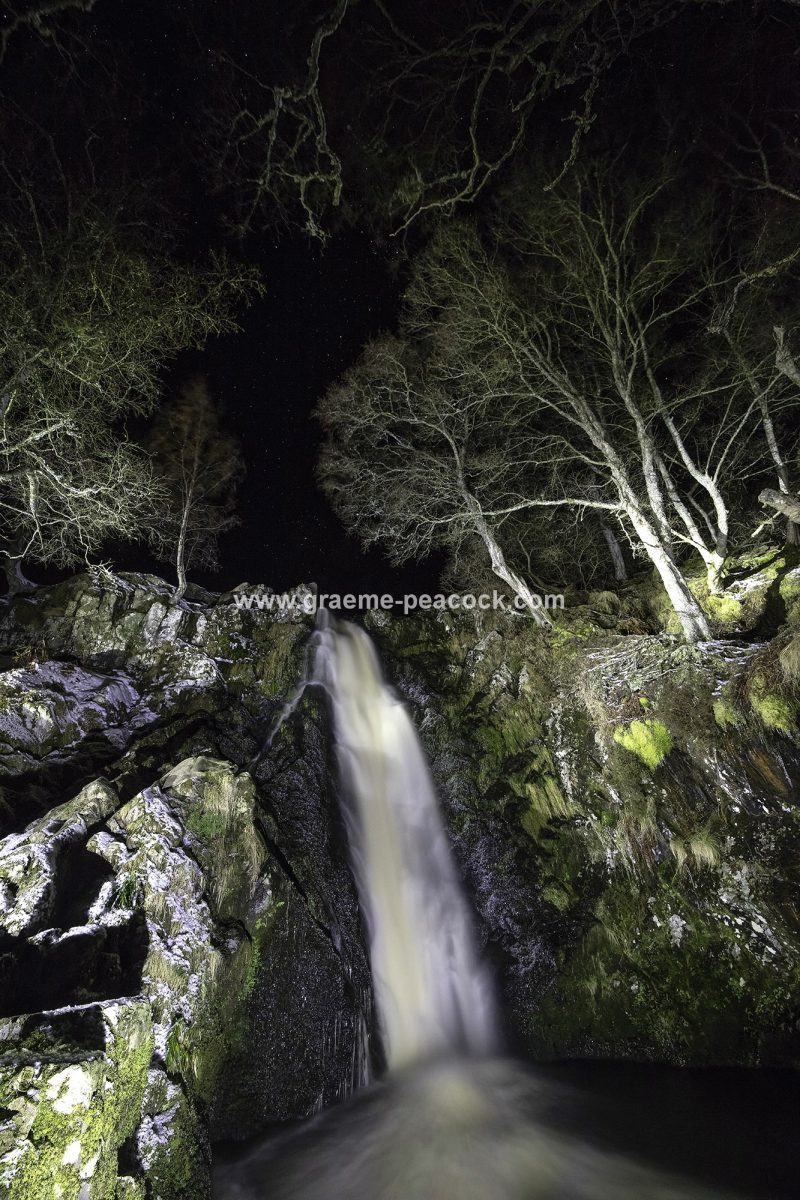Linhope Spout waterfall at night near Ingram, Northumberland National Park, Northumberland