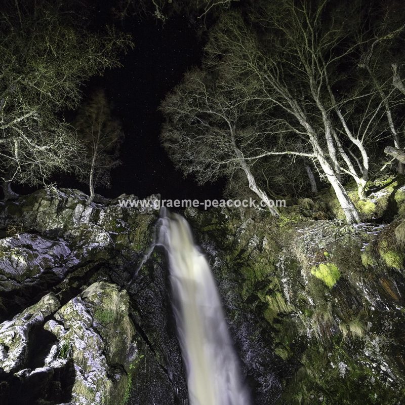 Linhope Spout waterfall at night near Ingram, Northumberland National Park, Northumberland