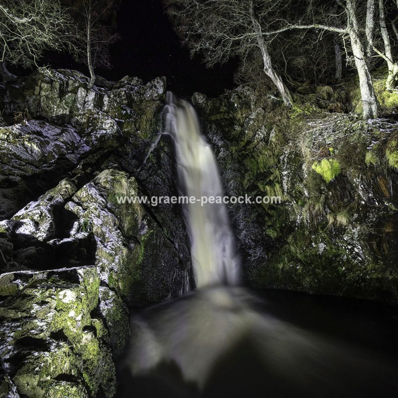 Linhope Spout waterfall at night near Ingram, Northumberland National Park, Northumberland