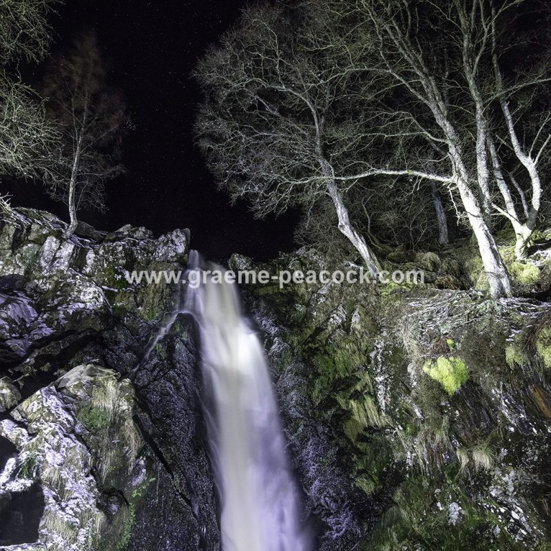 Linhope Spout waterfall at night near Ingram, Northumberland National Park, Northumberland
