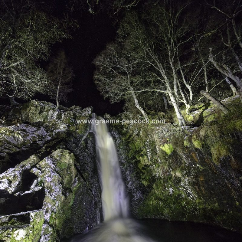 Linhope Spout waterfall at night near Ingram, Northumberland National Park, Northumberland