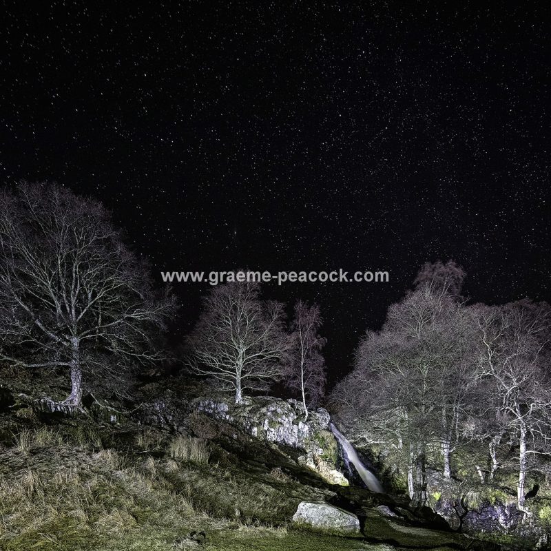 Linhope Spout waterfall at night near Ingram, Northumberland National Park, Northumberland