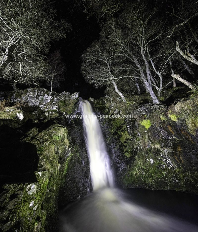Linhope Spout waterfall at night near Ingram, Northumberland National Park, Northumberland