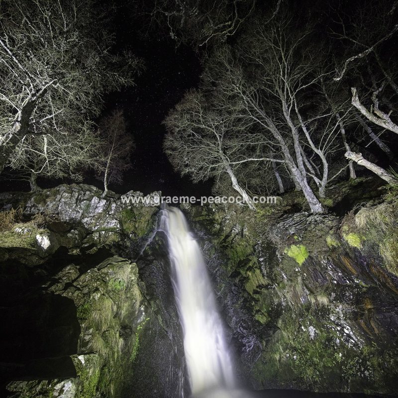 Linhope Spout waterfall at night near Ingram, Northumberland National Park, Northumberland