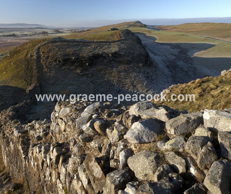 View West over Sycamore Gap and Steel Rigg on Hadrian's Wall near Bardon Mill, Northumberland