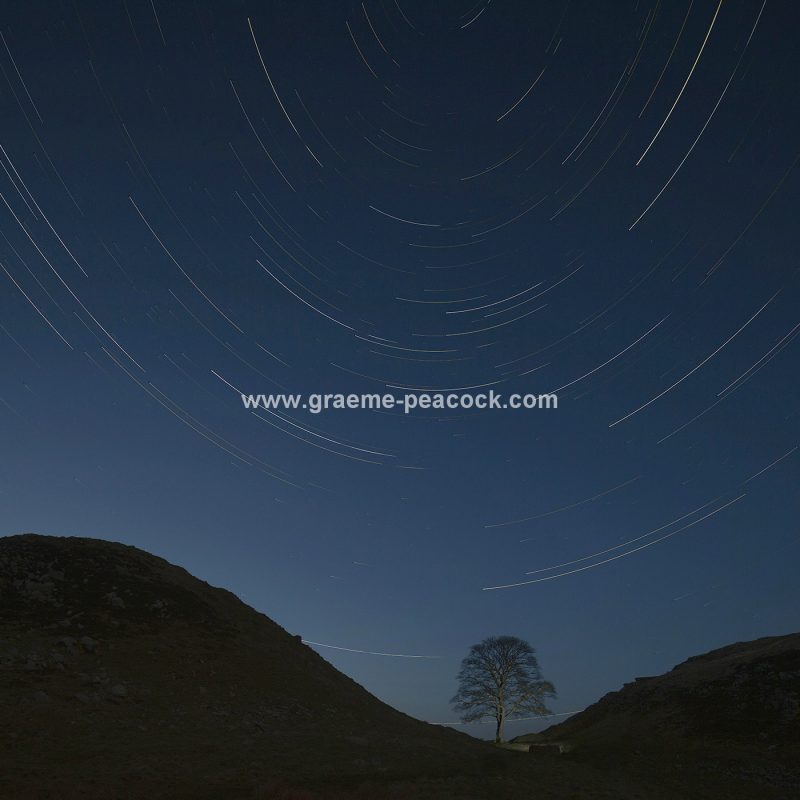 Star trails over Sycamore Gap on Hadrian's Wall near Haltwhistle, Northumberland
