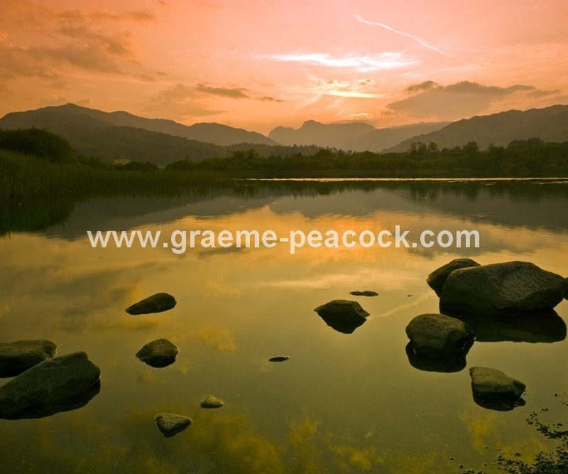 Elterwater and Langdale Pikes at sunset near Chapel Stile,  Cumbria