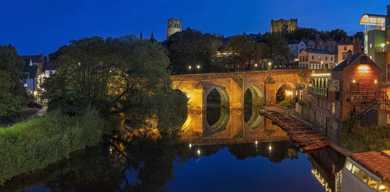 Dusk view over Elvet Bridge, Durham City, County Durham, England, United Kingdom