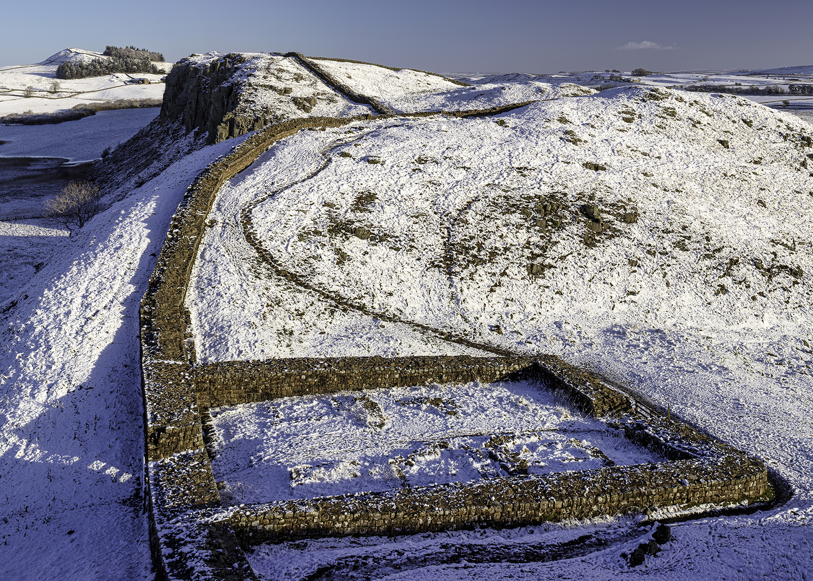 Winter view looking East from Milecastle 39 on Hadrian's Wall, Northumberland, United kingdom