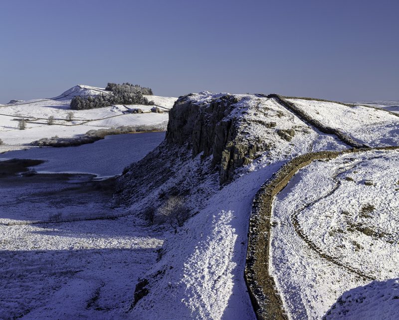 View East in Winter from Peel Crags on Hadrian's Wall, Northumberland, England, UK