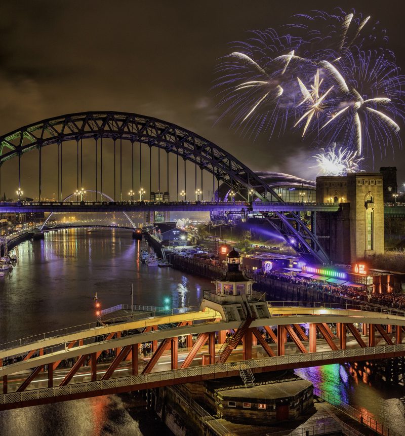 Fireworks over Newcastle Gateshead quayside, Newcastle upon Tyne, England, UK
